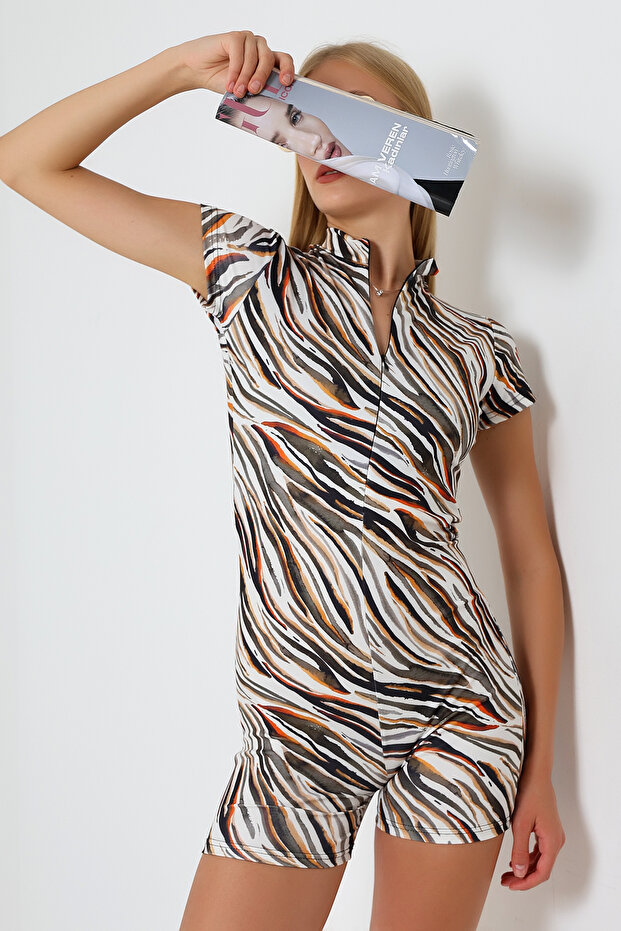 Kadın Mini Fermuarlı Şort Tulum - 6