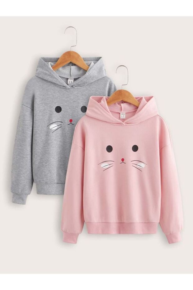 Girl's Hooded Pink-Grey Kitten Printed 2-Pack Sweatshirt