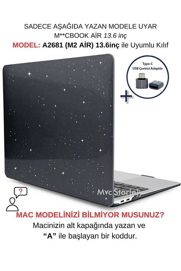 Macbook Air Kılıf 13.6 Inç M2-m3-m4 Simli Kristal Parlak (13.6” AİR) A2681 A3113 A3240 Ile Uyumlu - 1