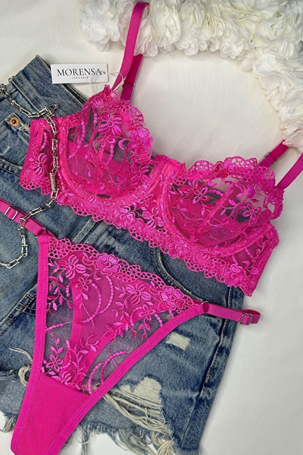 Floral Patterned Neon Bra Set Pink