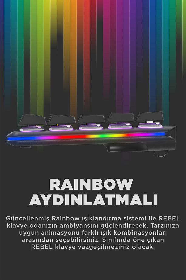 Rebel Siyah Low Profile Red Switch US Layout Rainbow Mekanik Gaming Oyuncu Klavye - 2