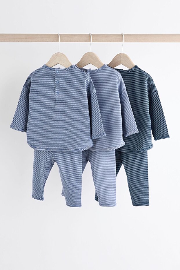 Cotton Blue Stripe Patterned Long Sleeve 3-Piece Bottom Set - 5