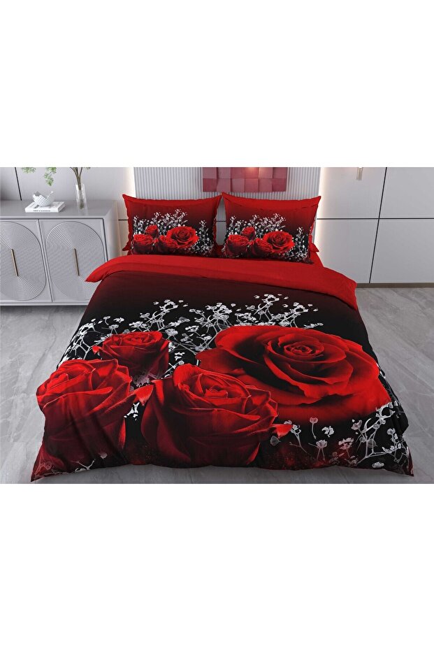 3D Double Duvet Cover Set 6 Pieces Red Rose