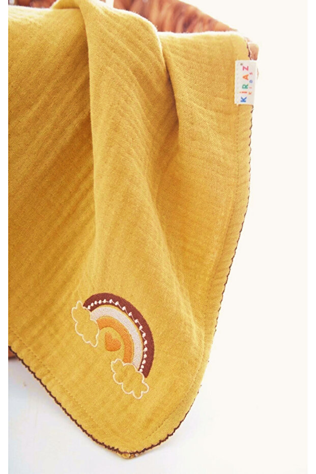 100X100 Rainbow Embroidered 4 Layer Dark Mustard Muslin Blanket