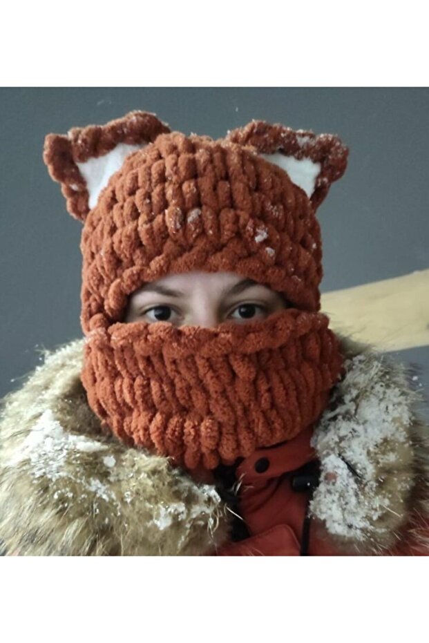 Fox Puffy Snow Mask, Soft Texture, Trend Fashion, Handmade, Hat, Winter, Beanie