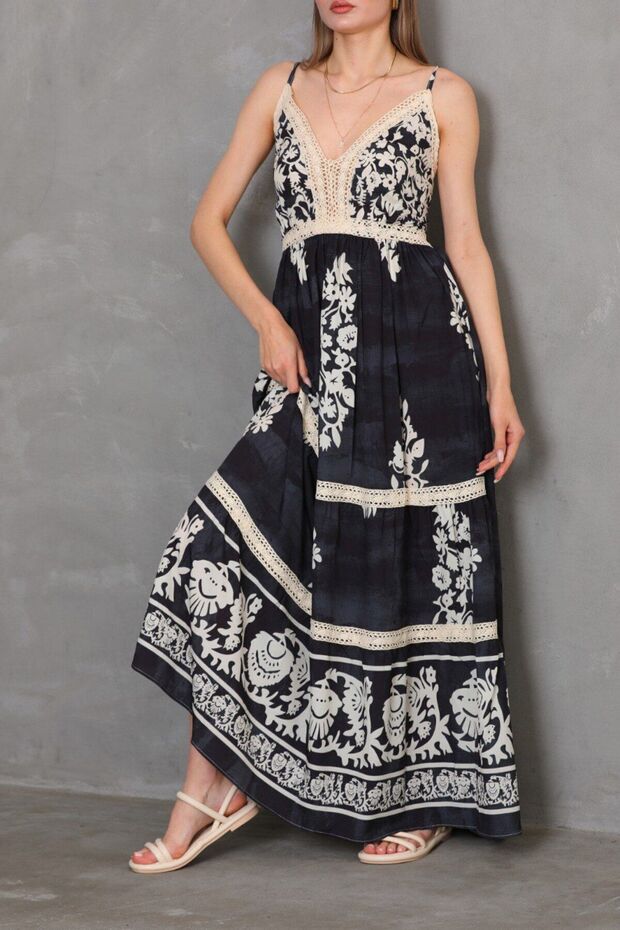 Women's Floral Patterned Thin Strap Knitted Detailed Summer Dress