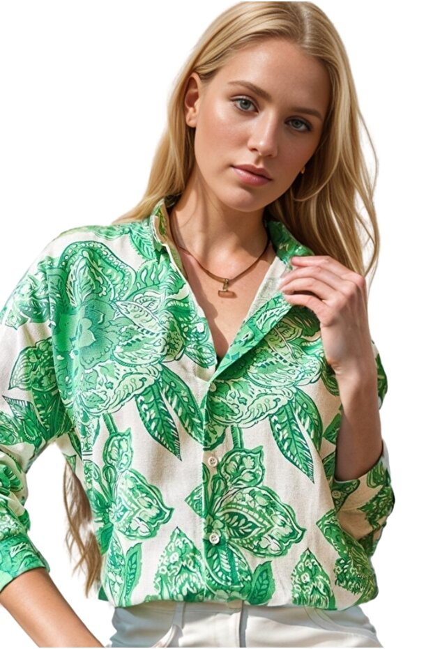 Women's Green Floral Patterned Long Sleeve Linen Collared Buttoned Shirt