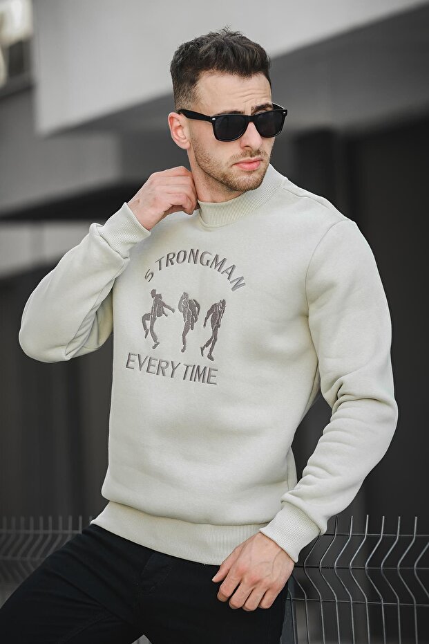 Strong Man Embroidered Three Thread Raised Half Turtleneck Men's Sweatshirt