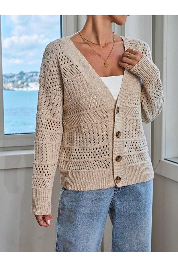 Dier Moda Triko Taş Düğmeli Oversize Kısa Hırka - 8