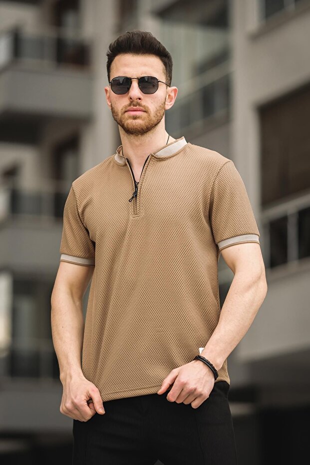 Fabre Honeycomb Pattern Zippered College Collar Men's Tshirt