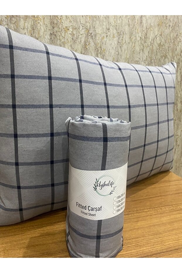 Uykulife Striped Smoked Black Checkered Double Elastic Bed Sheet Set