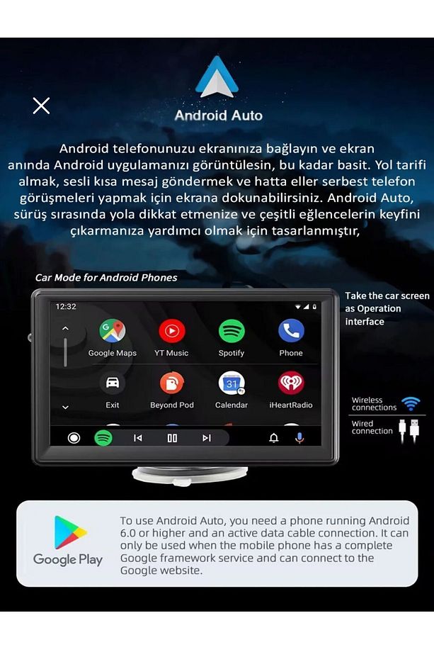 7" Tak Çalıştır Kablosuz Apple Carplay Ve Android Auto Oto Multimedya Araç Araba Ekran double teyp - 6
