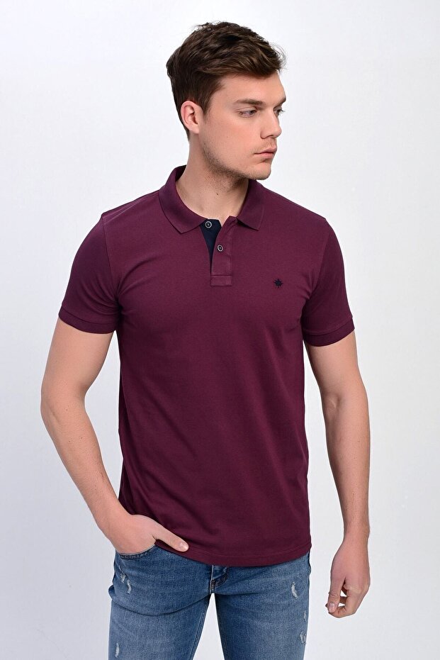 Pflaumenfarbenes Lycra-T-Shirt mit Polokragen für Herren - 1