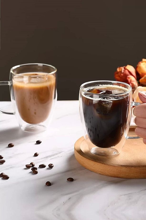 Çift Cidarlı Bardak Cam Kupa 310 Ml Ev Ofis Espresso Kahve Fincanı Borosilikat Kulplu Çay Bardağı - 6