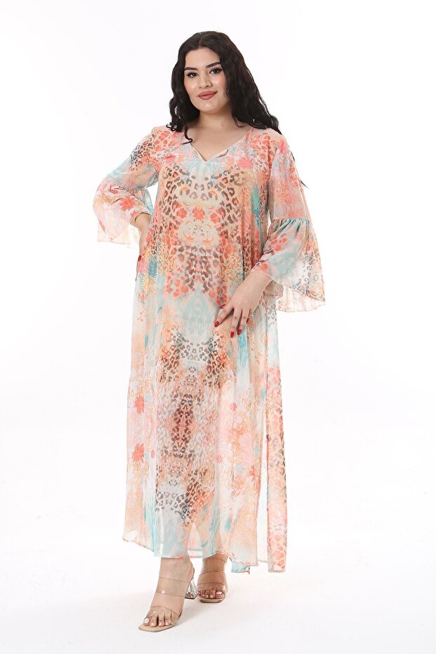 Rochie lungă și colorată din șifon - mărime mare, decolteu și căptușeală 65N38155 - 1