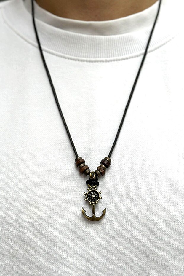 Unisex Wooden Beaded Anchor Themed Adjustable Necklace