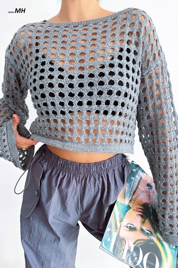 İspanyol Kol Delikli Crop GRİ - 2