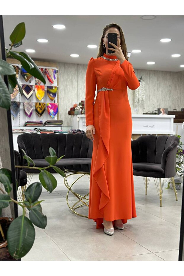 Oranj Abiye Elbise - 1