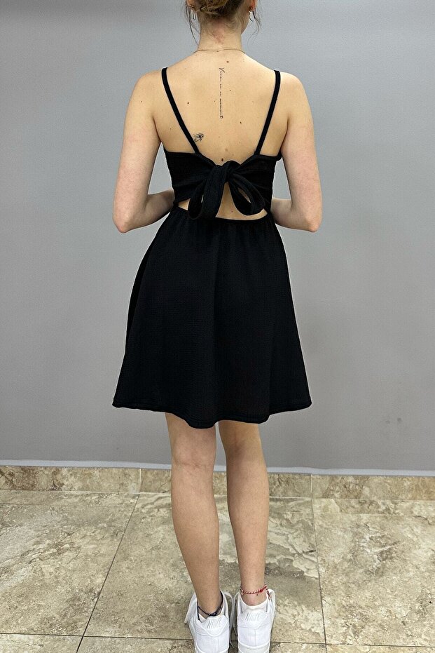 Women's Dress with Tie at the Back, Low Back Cut, Black -