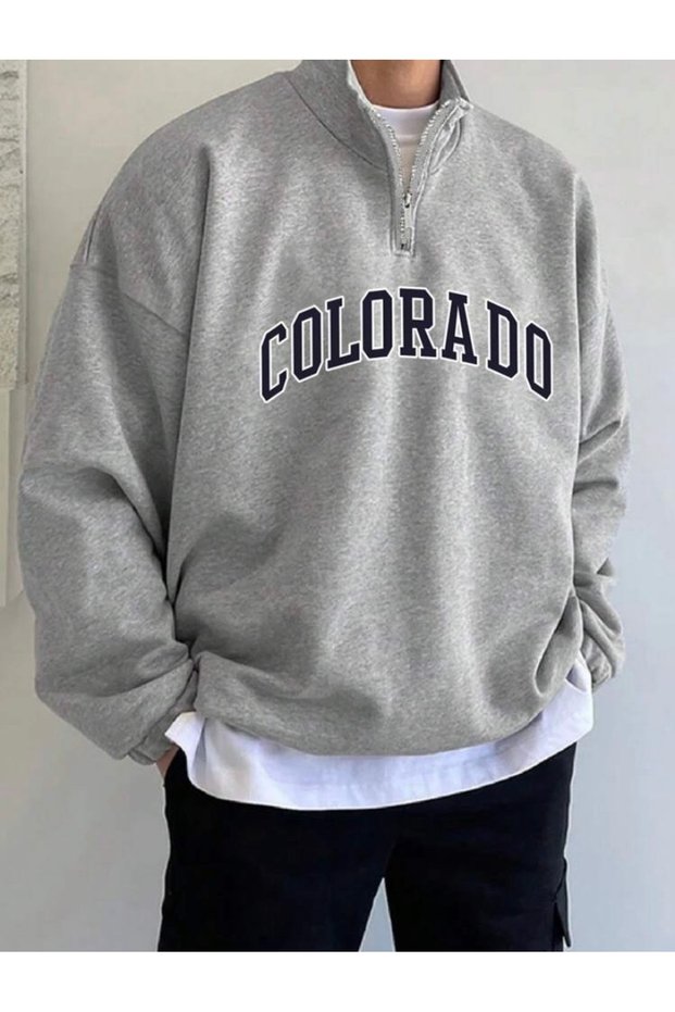 Gray Stand Collar Colorado Printed Pullover Sweatshirt