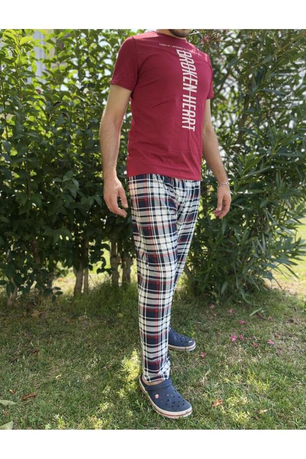 Men's Pocketless Elastic Waist Pajama Bottoms Tracksuit Burgundy Navy Blue Square