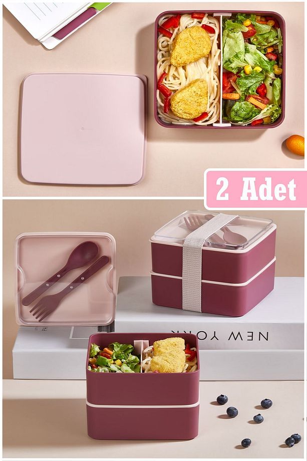 2 Adet Kare 2 Katlı 1013 Lunch Box Yemek Saklama Kabı Beslenme Kutusu Seti Sporcu Öğrenci Diyet Kabı - 1