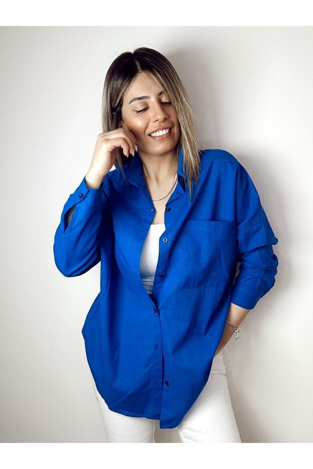 Cobalt Blue Jacquard Linen Fabric Is Less Thick and Draped Oversize Linen Shirt New Season Summer Shirt