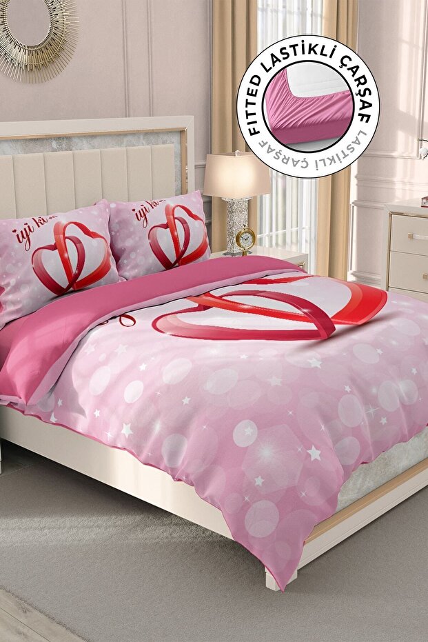 Cotton Satin Double Duvet Cover Set with Elastic Sheets Valentine's Day