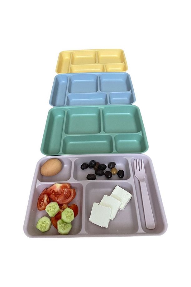 4 Adet Tabldot 5 Bölmeli Lüks Plastik Piknik Yemek Servis Tabağı, 4 Renk Tablot 21x31x3,3(h) cm - 1