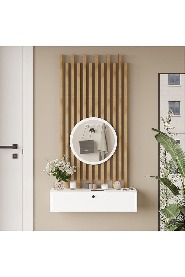 Cosmia Aynalı Dresuar Ahşap Çıtalı Set Hol Antre CS4-W - 1