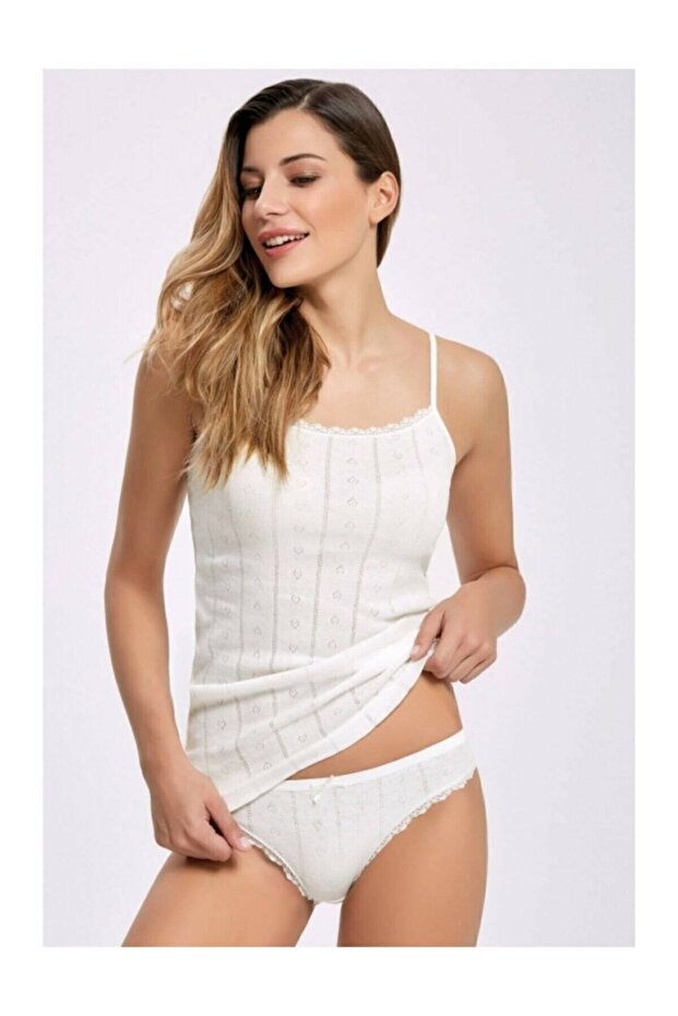 6 Pieces Ecru Color Jacquard String Strap Undershirt - 1