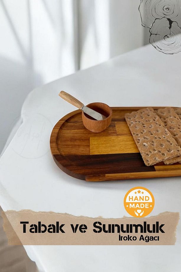 El Yapımı | İroko Ağacı | Ahşap Dekoratif Tabak ve Sunumluk - 3
