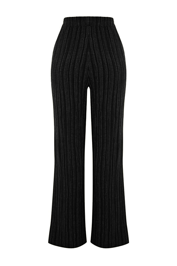 Siyah Beli Lastikli Dokulu Kumaş Dokuma Pantolon TWOSS24PL00142 - 8
