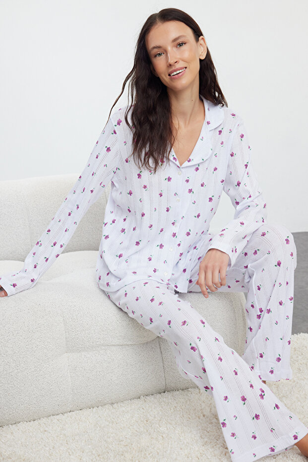 Beyaz %100 Pamuklu Çiçekli Ajurlu/Delikli Fitilli Örme Pijama Takımı THMAW25PT00057 - 1