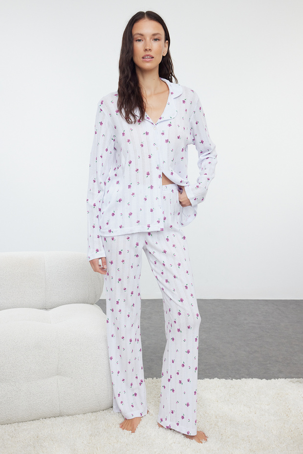 Beyaz %100 Pamuklu Çiçekli Ajurlu/Delikli Fitilli Örme Pijama Takımı THMAW25PT00057 - 2