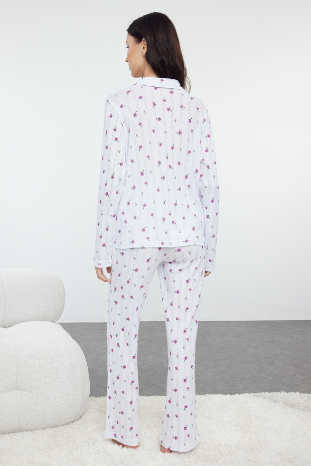 Beyaz %100 Pamuklu Çiçekli Ajurlu/Delikli Fitilli Örme Pijama Takımı THMAW25PT00057 - 5