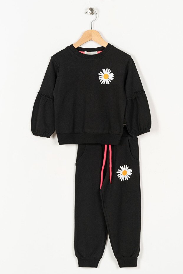 Crew Neck Long Sleeve Cıcek Patterned Black Color Girl's Tracksuit Set
