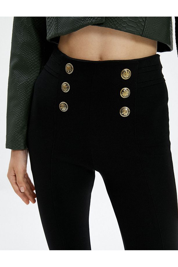 Tayt Pantolon Düğmeli Yüksek Bel Rayon Kumaş - 5