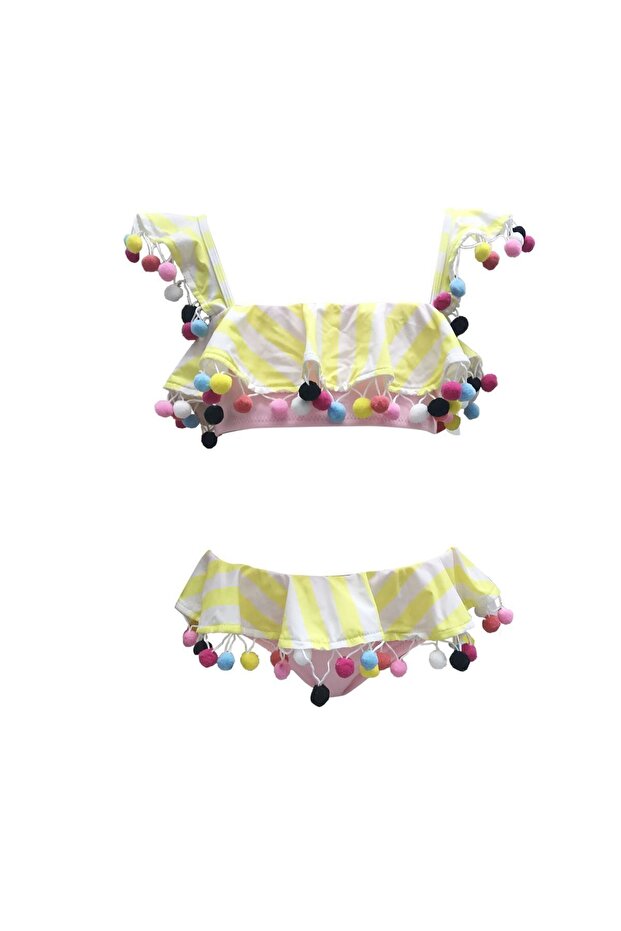 Strappy Ruffled Colorful Pompom Detailed 50Uv Girls' Bikini Set by Nessi Byrd