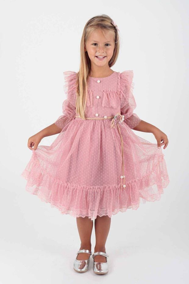 Kids Girls' Buckle Belted Lace Tulle Evening Dress Ak2206