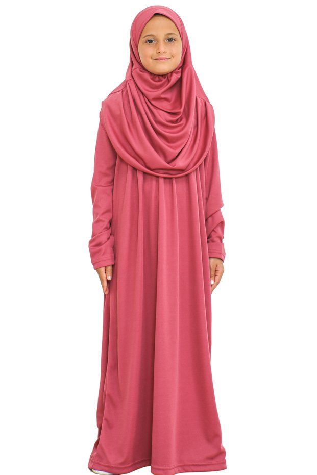 Two Pieces Kids Prayer Dress Set Suit with Scarf, Islamic Clothing Suit for Girls - Dusty Rose