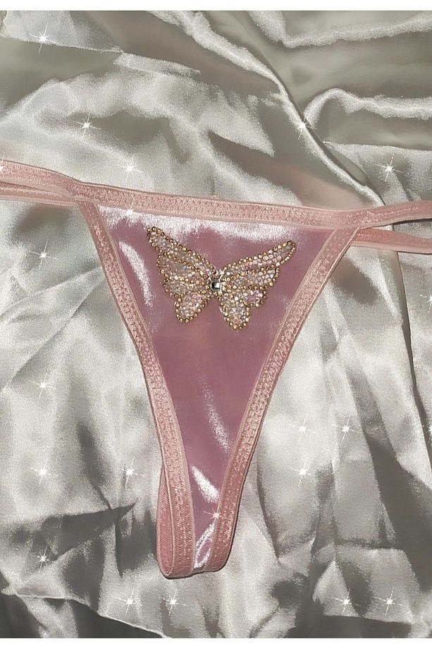 Pembe Taşlı Kelebek Baskılı Kadife T-String Model Tanga - 1