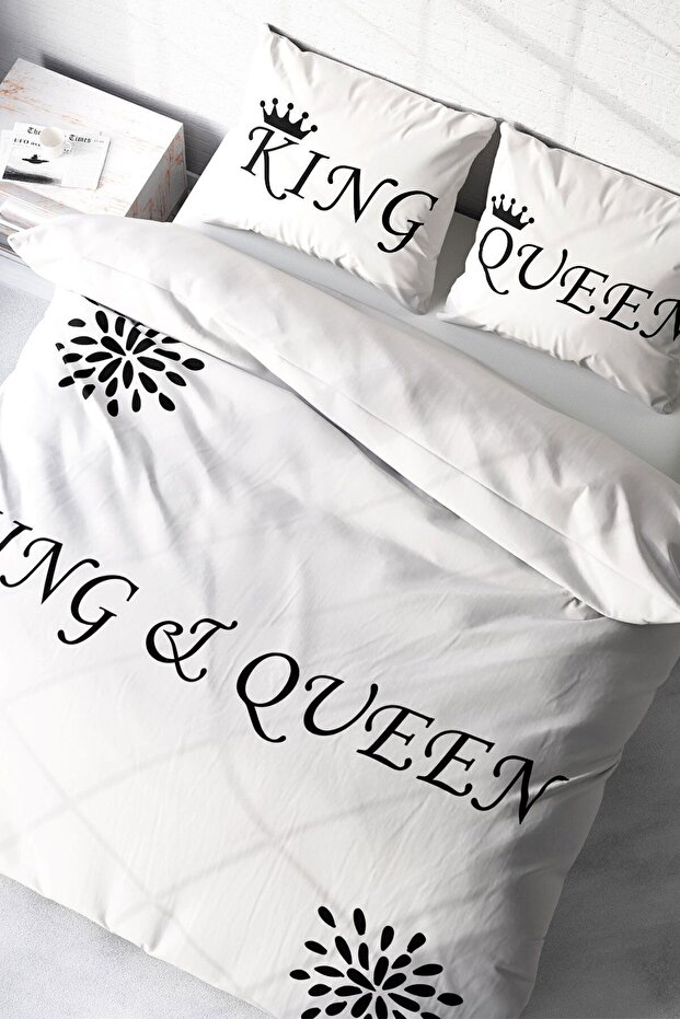 Cotton Sateen Double Duvet Cover Set with Fitted Sheet White King-Queen