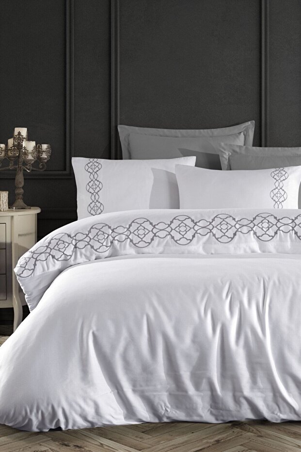 Cotton Satin Embroidered Double Duvet Cover Set - Victoria