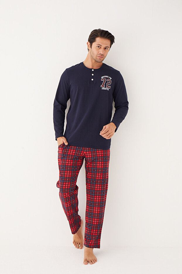 Lacivert Ekose Desenli Uzun Kollu Erkek Pijama Takımı - 2