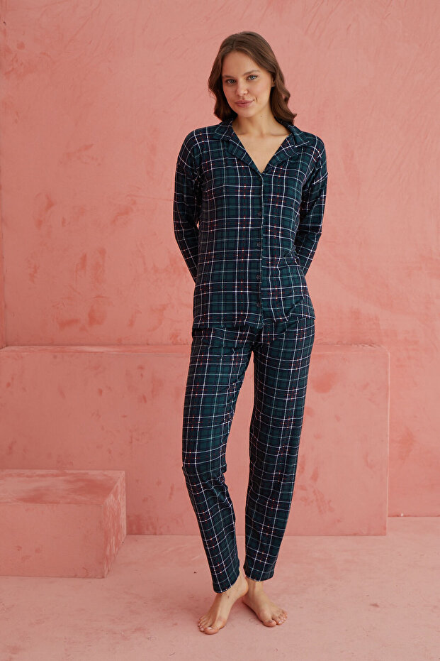 Yeşil Ekose Desenli Bambu Önden Düğmeli Uzun Kol Pijama Takımı - 2