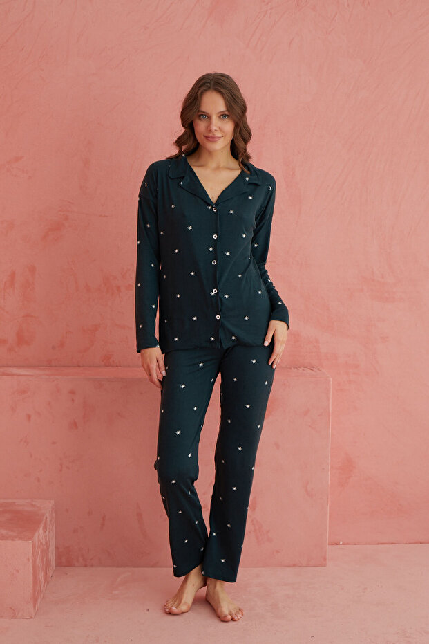 Lacivert Kartanesi Desenli Bambu Önden Düğmeli Uzun Kol Pijama Takımı - 2