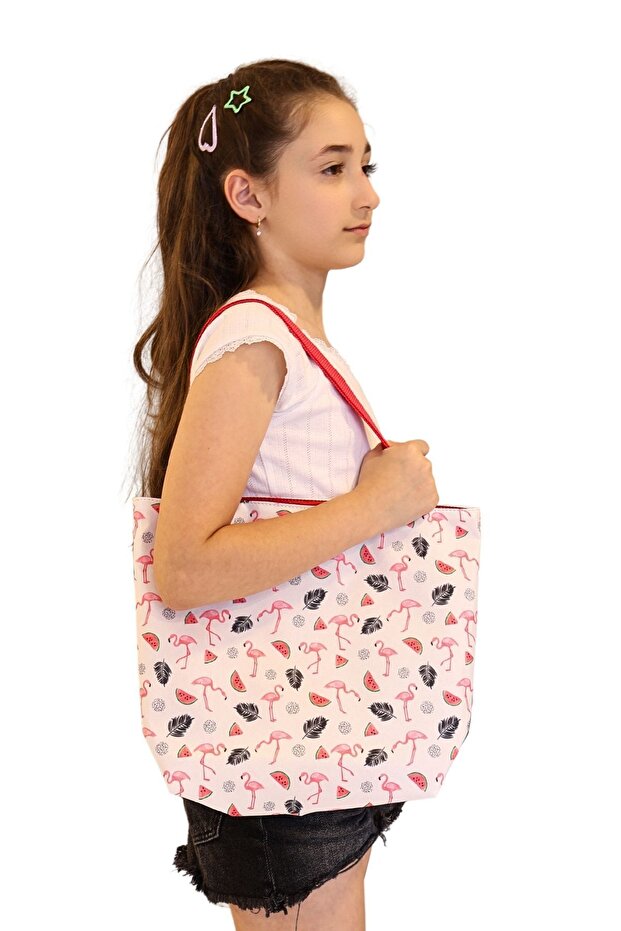 Flamingo Watermelon Patterned Girl's Beach Bag, Printed Children's Daily Bag