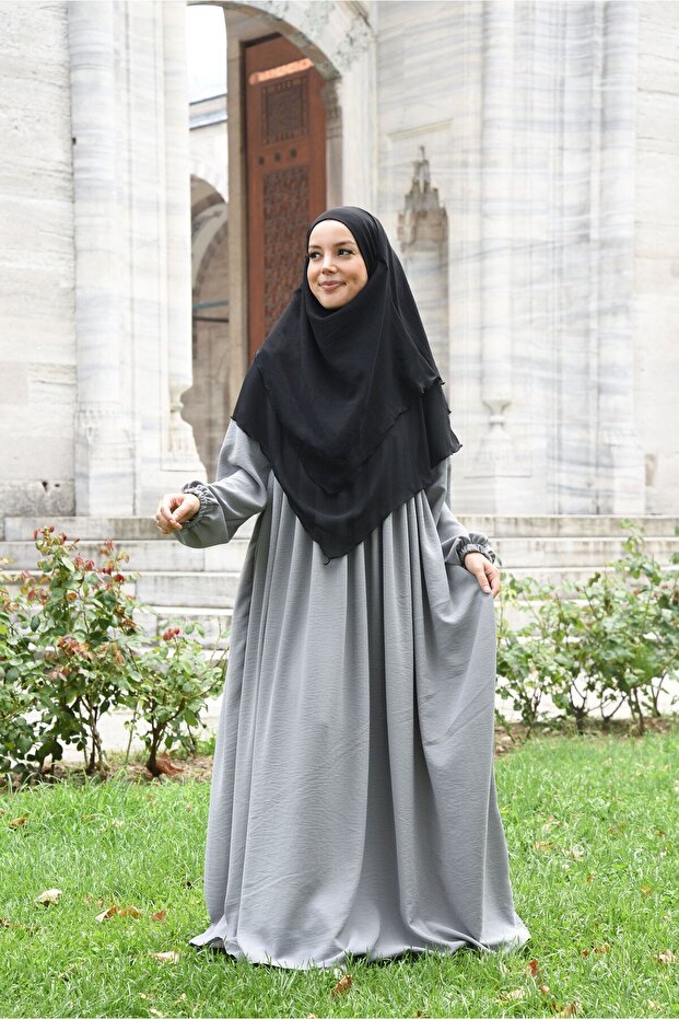 Pleated Zippered Aerobin Fabric Hijab Ferace/Dress - Gray