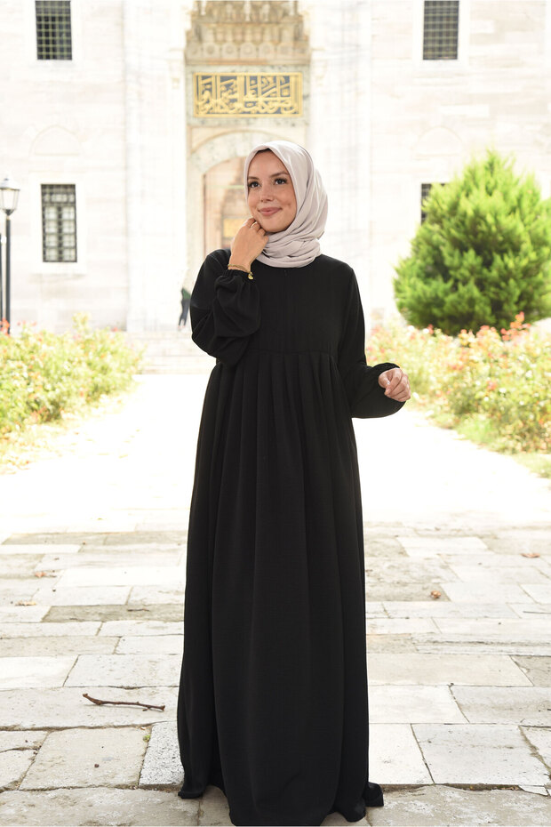 Pleated Zippered Aerobin Fabric Hijab Ferace/Dress - Black